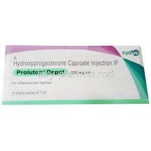 Proluton Depot Injection, Hydroxyprogesterone Caproate 250 mg, 1mL, Zydus Cadila, Box front view