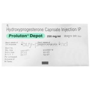 Proluton Depot Injection, Hydroxyprogesterone Caproate 250 mg, 1mL, Zydus Cadila, Box information