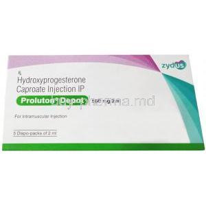 Proluton Depot Injection, Hydroxyprogesterone Caproate 500 mg, 2mL, Zydus Cadila, Box front view