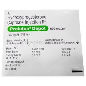 Proluton Depot Injection, Hydroxyprogesterone Caproate 500 mg, 2mL, Zydus Cadila, Box information