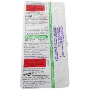 Proluton Depot Injection, Hydroxyprogesterone Caproate 500 mg, 2mL, Zydus Cadila, Package information