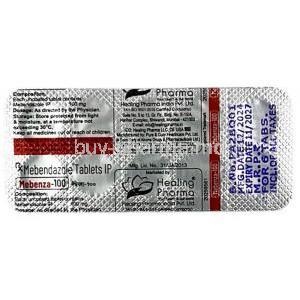 Mebenza, Mebendazole 100 mg, 6 tablets, Healing Pharma India Pvt Ltd, Blisterpack information