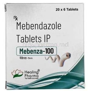 Mebenza, Mebendazole 100 mg, 6 tablets, Healing Pharma India Pvt Ltd, Box front view