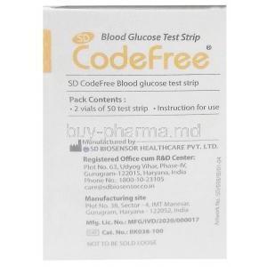 Codefree Blood Glucose Monitoring Test Strip, 100 stripes(1 box), SD Biosensor Healthcare Pvt Ltd, Box information, Manufacturer