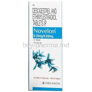 Novelon,Desogestrel 0.15 mg, Ethinyl Estradiol 0.03 mg, 21 tablets, Organon, Box front view