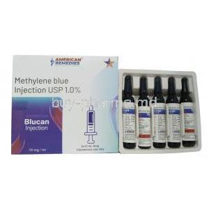 Blucan Injection, Methylene Blue 1.0%, Ampoule 10mL X 5,American Remedies, Box, Contents