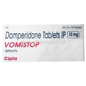 Vomistop, Domperidone 10 mg, Cipla, Box front view(New package)