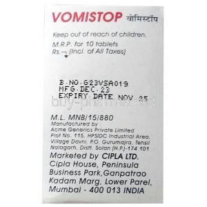 Vomistop, Domperidone 10 mg, Cipla, Box information (New package)