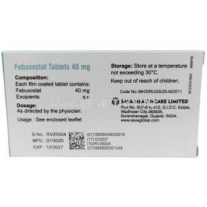 Febuxostat (Sava), Febuxostat 40 mg, Sava Healthcare, Box information