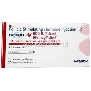 Gonal-F Injection, 900 IU Injection, Follitropin 900 IU, Merck, Box front view