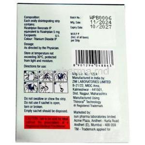 Rizanet Oral Disintegrating Strip, Rizatriptan 5 mg, Sun Pharmaceutical Industries, Box information