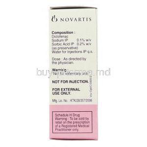 Voveran, Generic Voltaren, Diclofenac 0.1% Eye Drops box composition