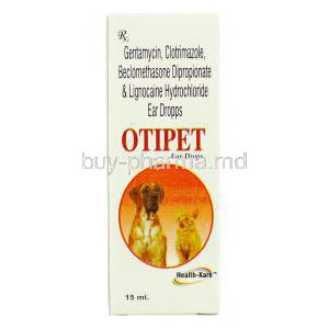 Otipet, Gentamycin/ Clotrimazole/ Beclomethasone Dipropionate/ Lignocaine  Ear Drop box