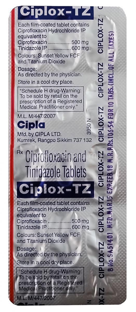 购买环丙沙星+替硝唑片 ( Ciplox - Tz （ciprofloxacin/ Tinidazole） ) Online