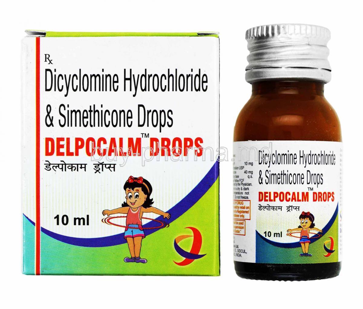 Delpocalm drops, Dicyclomine and Simethicone box and bottle
