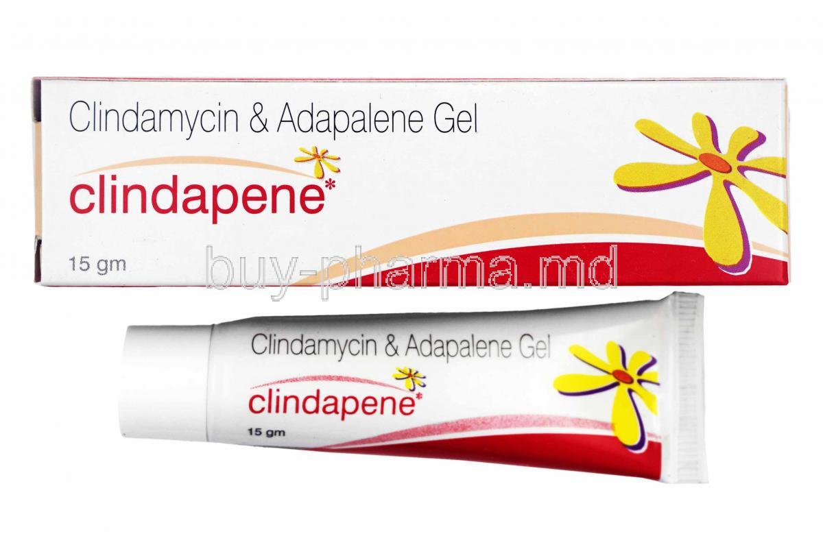 Clindapene Gel, Adapalene and Clindamycin box and tablets