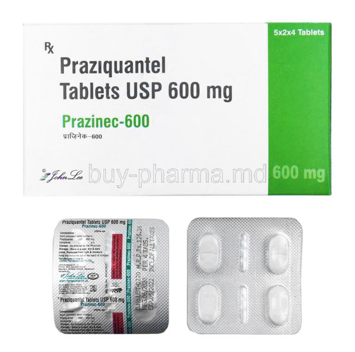 Prazinec, Praziquantel 600mg box and tablet