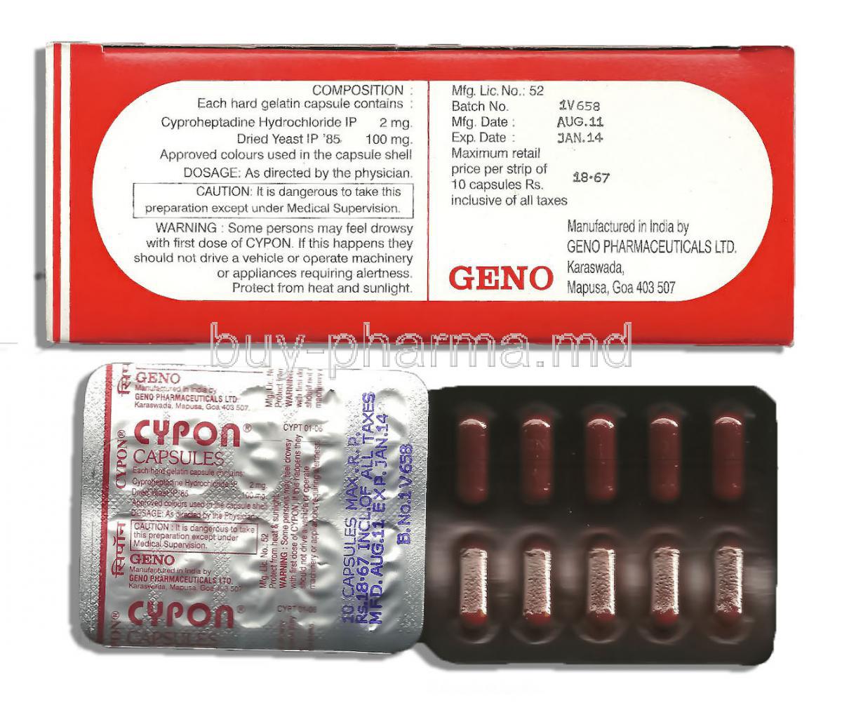 Cypon, Cyproheptadine/ Dried Yeast 2 mg/ 100 mg Capsule  (Geno Pharma)