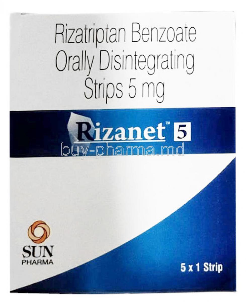 Rizanet Oral Disintegrating Strip, Rizatriptan 5 mg, Sun Pharmaceutical Industries, Box front view